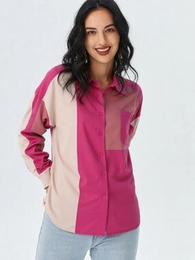 New In Fuchsia & Pink Abstract Color Block Suede Button Down